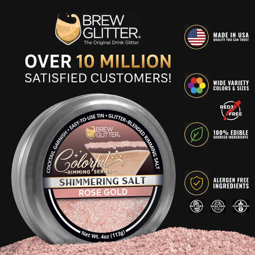 Shimmering rose gold cocktail rimming salt in a 4oz tin with edible glitter, featuring US-made and allergen-free certifications.