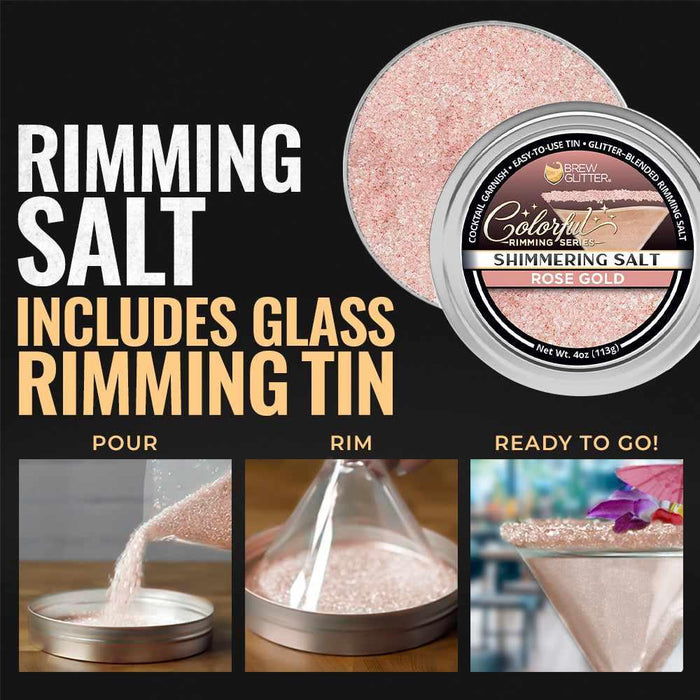 Shimmering rose gold cocktail rimming salt in a 4oz tin with instructions for pouring, rimming, and garnishing a glass.