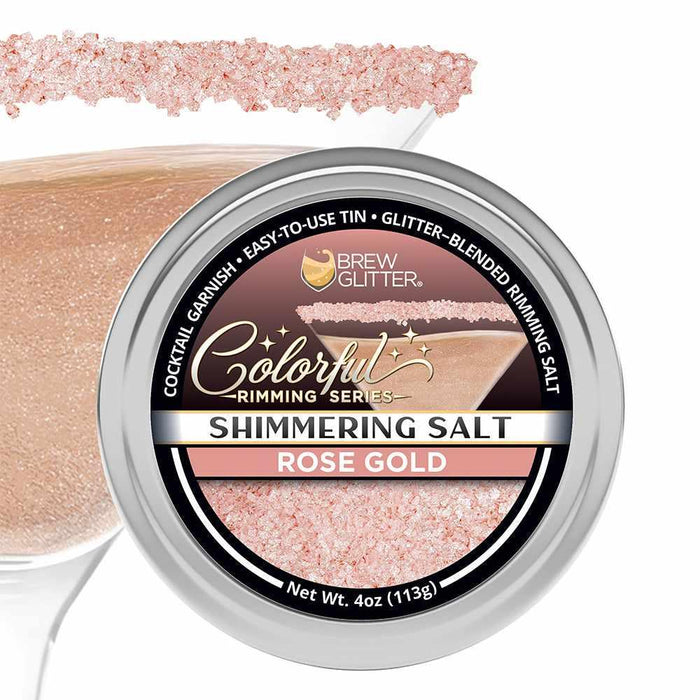 4oz tin of shimmering rose gold cocktail rimming salt with glittery texture for garnishing glassware.