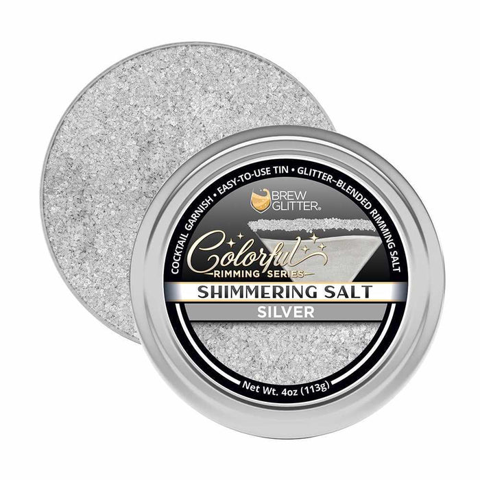 4 oz tin of shimmering silver cocktail rimming salt with a black and silver label by Brew Glitter.