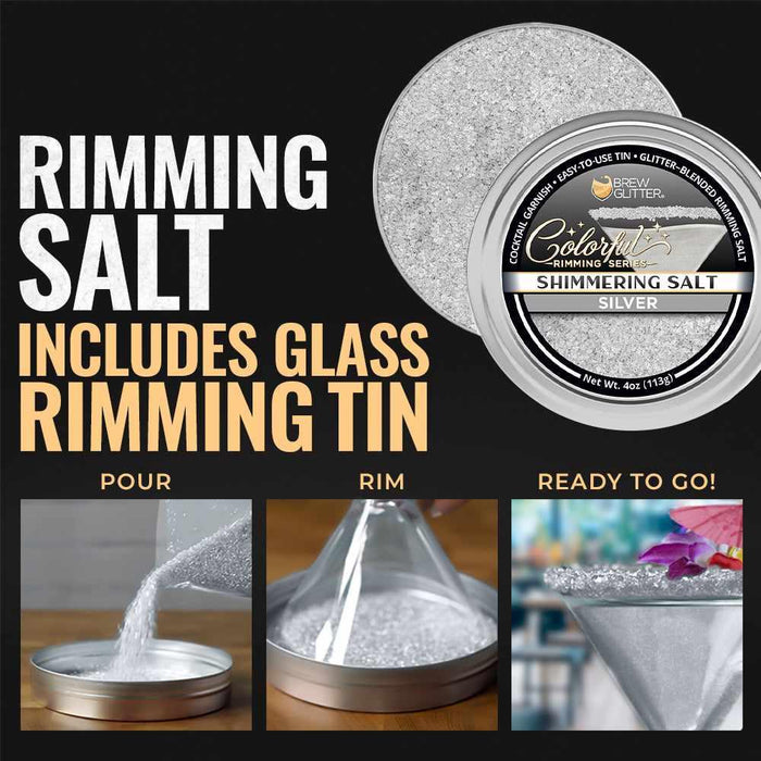 Shimmering silver cocktail rimming salt in a 4 oz tin, shown with steps to pour, rim a glass, and garnish a drink.