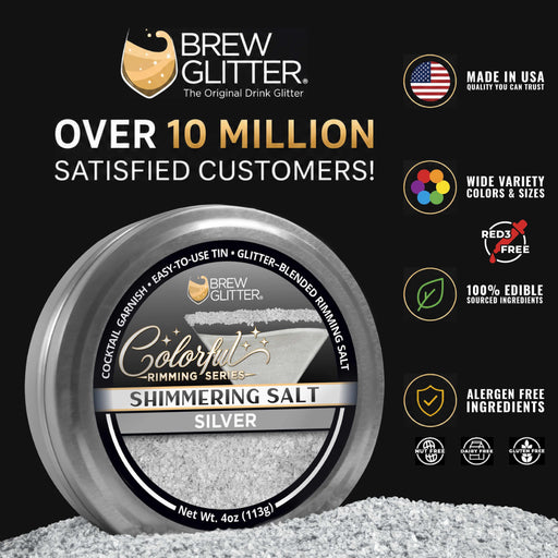 Shimmering silver cocktail rimming salt in a 4oz metal tin with Brew Glitter branding and edible ingredient icons.