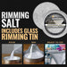 Shimmering silver cocktail rimming salt in a 4oz tin with instructional steps for pouring, rimming, and garnishing a glass.