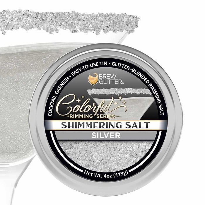 4oz tin of shimmering silver cocktail rimming salt with glittery texture for decorating glass rims.