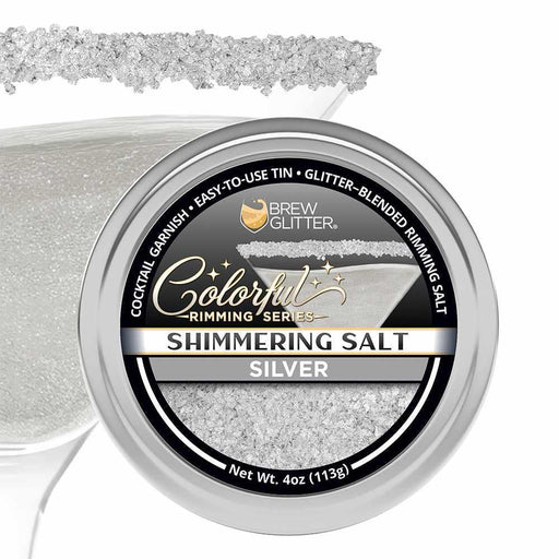 4 oz tin of shimmering silver cocktail rimming salt with a glittery finish for decorating glass rims.