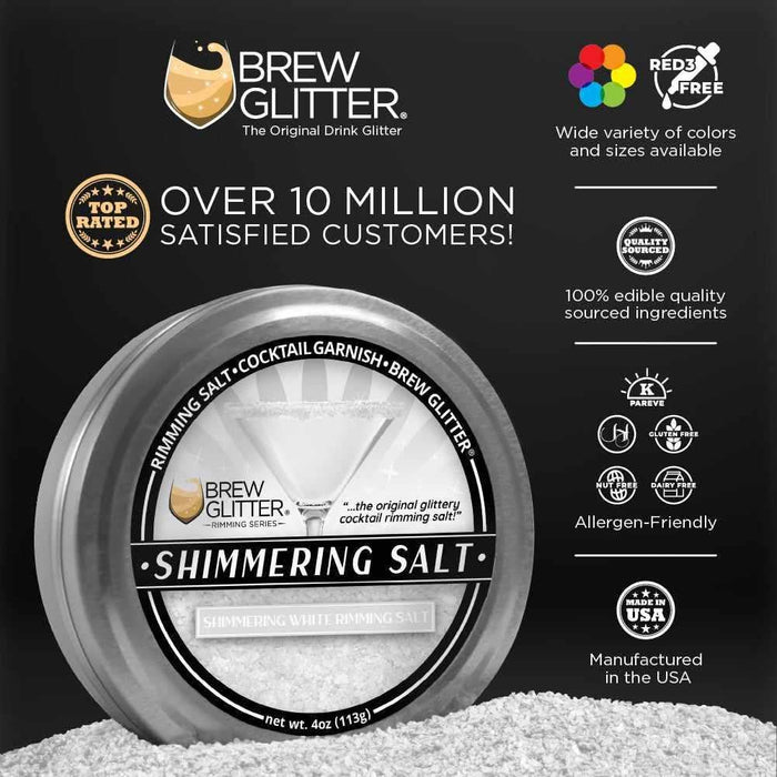 Shimmering White Rimming Salt in a silver tin, 4oz, with a pile of white salt.