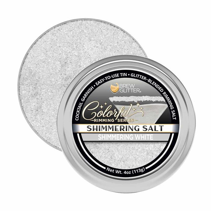 Shimmering white cocktail rimming salt in a 4oz round silver tin with a black and white Brew Glitter label.