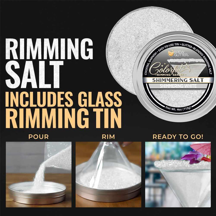Shimmering white cocktail rimming salt in a 4oz tin with step-by-step pouring and glass rimming instructions.