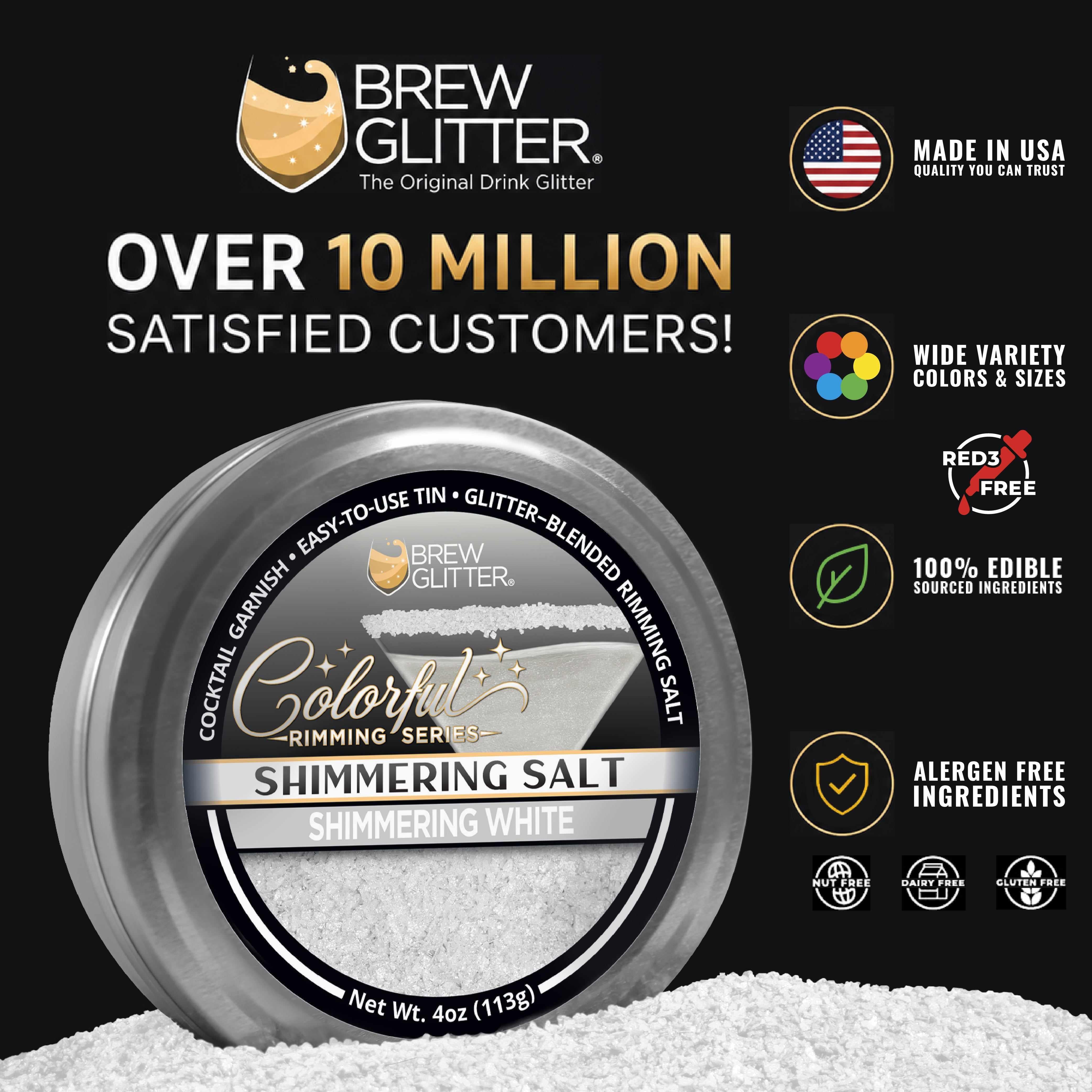 Shimmering white cocktail rimming salt in a 4oz metal tin with Brew Glitter branding and edible ingredient icons.