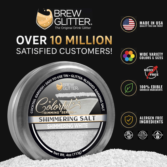Shimmering white cocktail rimming salt in a 4oz metal tin with Brew Glitter branding and edible ingredient icons.