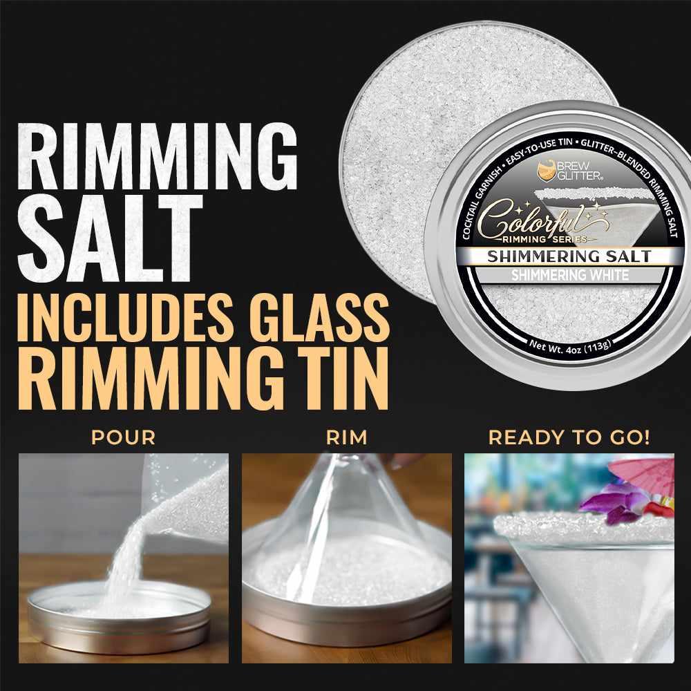 Shimmering white cocktail rimming salt in a 4oz metal tin, shown with pouring, rimming, and finished garnish steps.