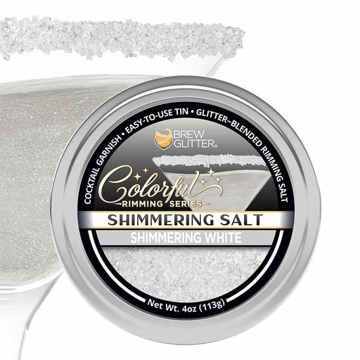 4oz tin of shimmering white cocktail rimming salt with a glitter-blended texture for decorating glass rims.