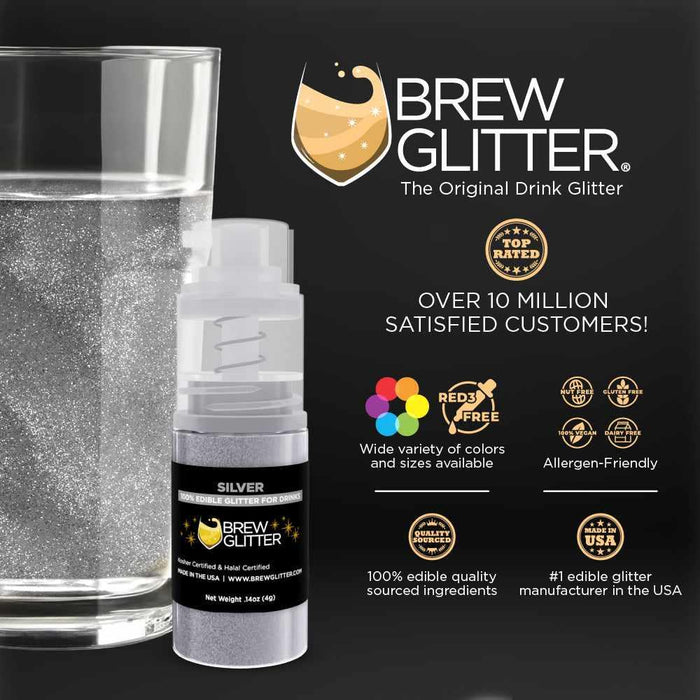 Silver Brew Glitter mini spray pump next to a glass of water, with product details and brand logo.