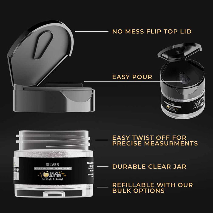 Silver Brew Glitter in a clear 4g jar featuring a black flip-top lid for easy pouring and precise measurements.