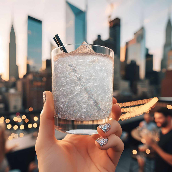 Hand holding a glass filled with Silver  Brew Glitter