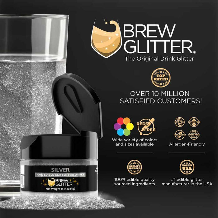 Silver Brew Glitter 4g jar next to a glass of water, showcasing the edible drink glitter.