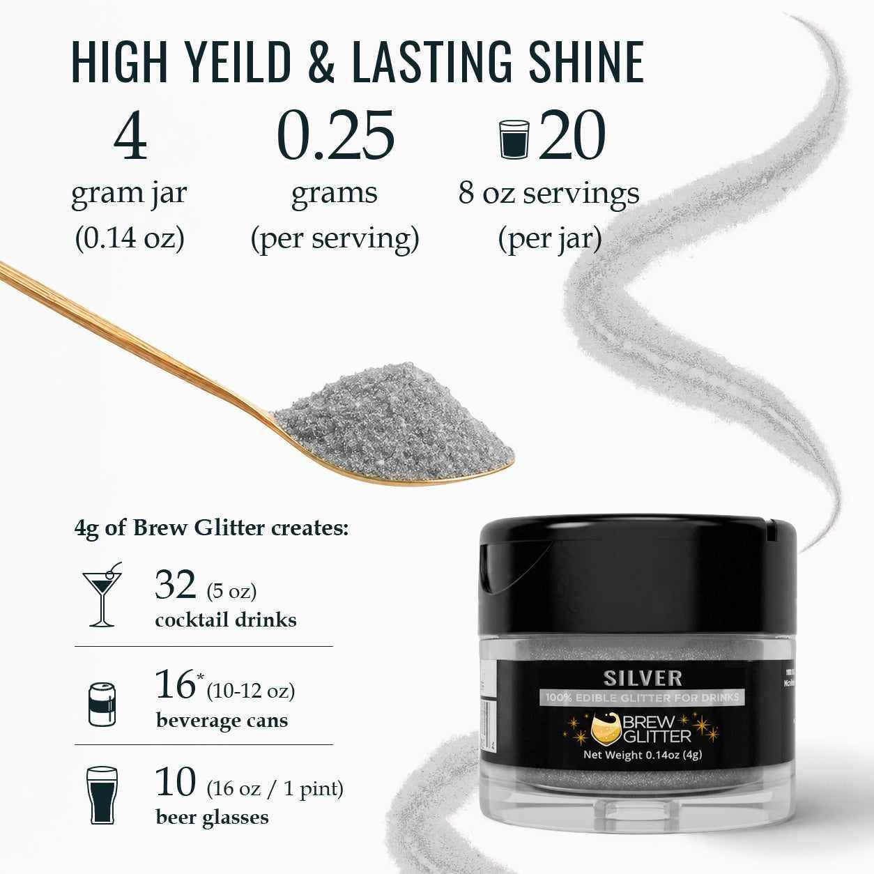 Silver Brew Glitter jar with a spoon of edible powder and usage chart showing serving yields for cocktails and drinks.