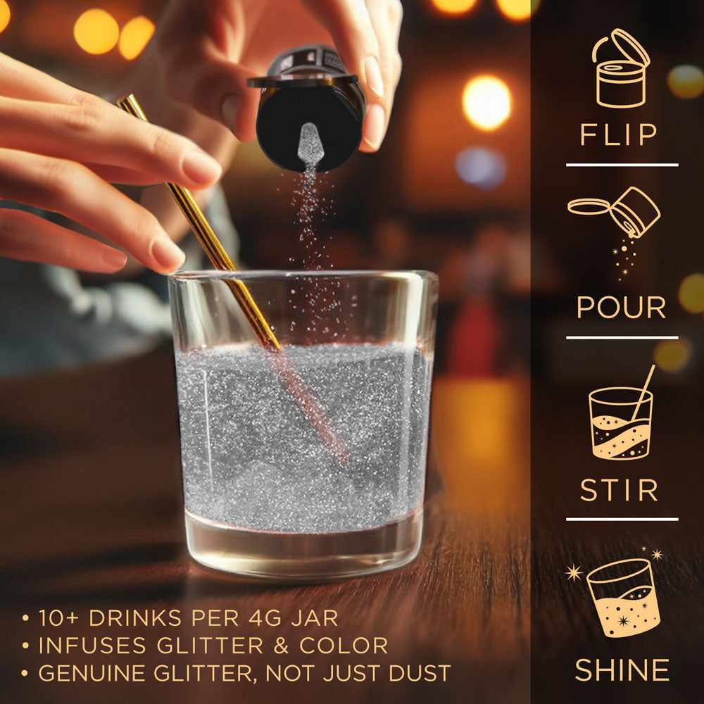 Silver edible glitter being poured from a 4g jar into a glass, creating a shimmering, sparkling drink effect.