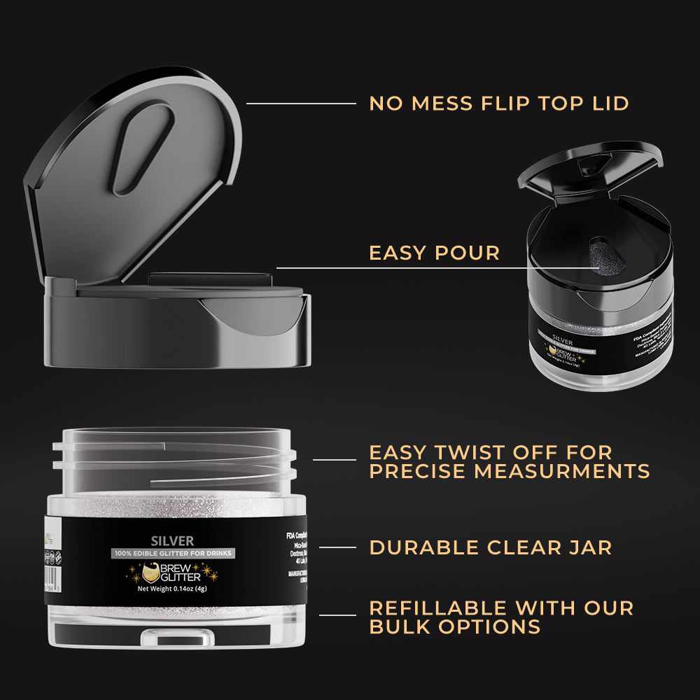 Silver edible glitter in a 4g clear jar with a black no-mess flip-top lid and easy-pour design.