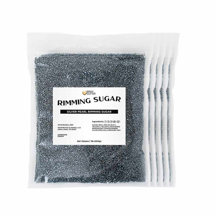 Five 1lb bags of Silver Pearl Cocktail Rimming Sugar, a sweet, shimmery gray garnish.