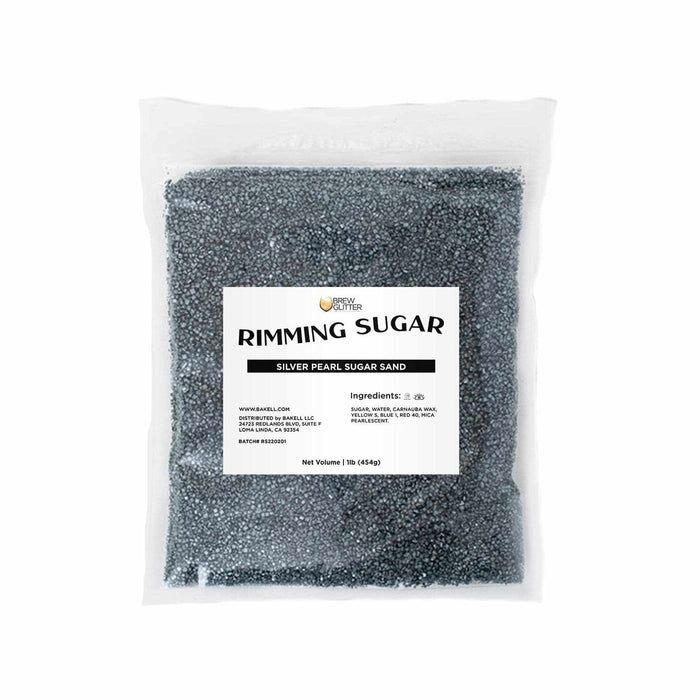 1lb bag of Silver Pearl Cocktail Rimming Sugar, a dark gray, shimmery sugar sand.