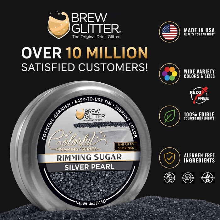 Silver Pearl cocktail rimming sugar in a 4oz tin, featuring shimmering dark gray sugar crystals for drink garnishing.