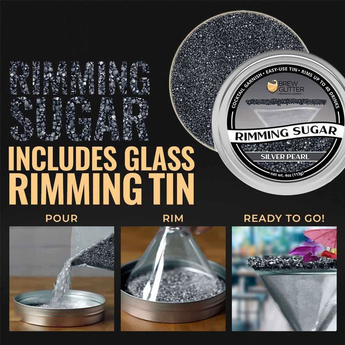 Silver Pearl Cocktail Rimming Sugar in a tin, with steps for pouring, rimming, and a finished cocktail.