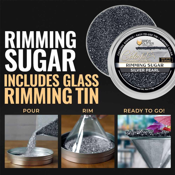 Silver Pearl cocktail rimming sugar in a 4oz tin with instructions for pouring and rimming a glass for a decorative finish.