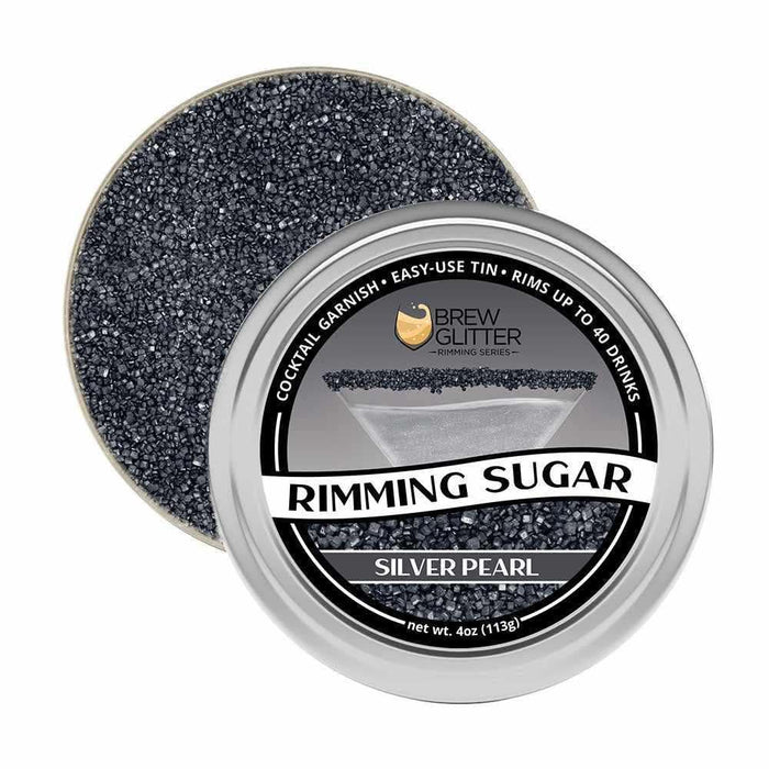 Silver Pearl Cocktail Rimming Sugar in an easy-use tin, 4oz (113g), for up to 40 drinks.
