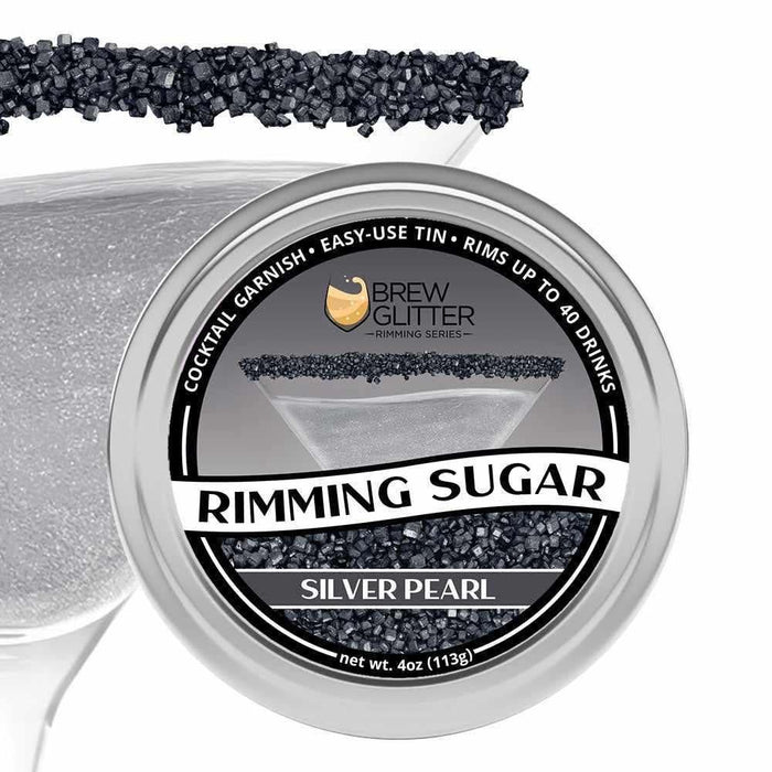 4oz tin of Brew Glitter Silver Pearl Rimming Sugar with a cocktail glass rimmed in black sugar.
