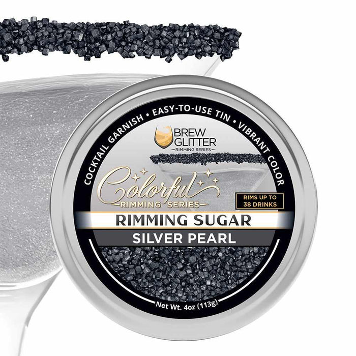 Silver Pearl cocktail rimming sugar in a 4oz tin, featuring coarse, shimmering dark gray sugar crystals for glass garnishing.