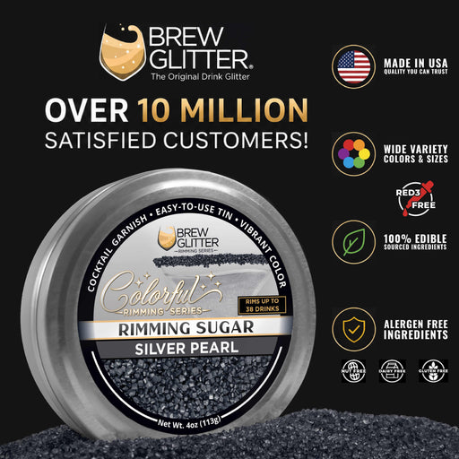 Silver Pearl cocktail rimming sugar in a 4oz tin for garnishing drink glasses with a metallic, edible finish.