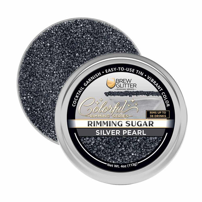 Silver pearl cocktail rimming sugar in a 4oz round tin with black and silver branding, featuring sparkling dark gray crystals.