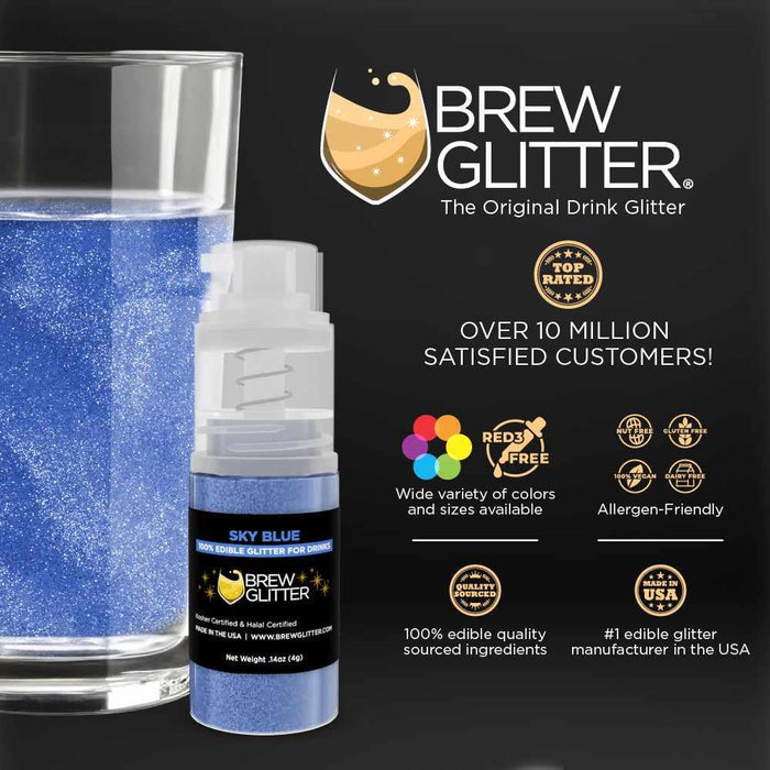 Sky Blue Brew Glitter mini spray pump next to a glass of sparkling blue beverage.