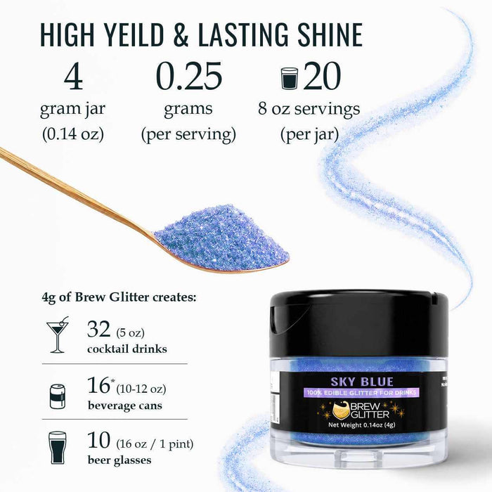 Sky Blue Brew Glitter 4g jar with serving yield infographic and a spoonful of shimmering blue edible glitter.