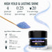 Sky Blue Brew Glitter 4g jar with serving yield infographic and a spoonful of shimmering blue edible glitter.