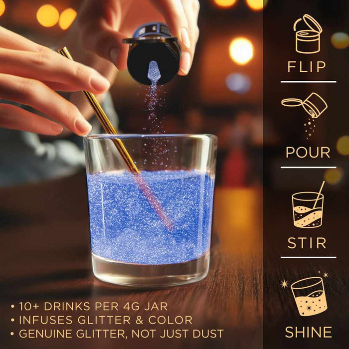 Sky blue edible Brew Glitter being poured into a glass to create a shimmering drink with flip-top jar instructions.