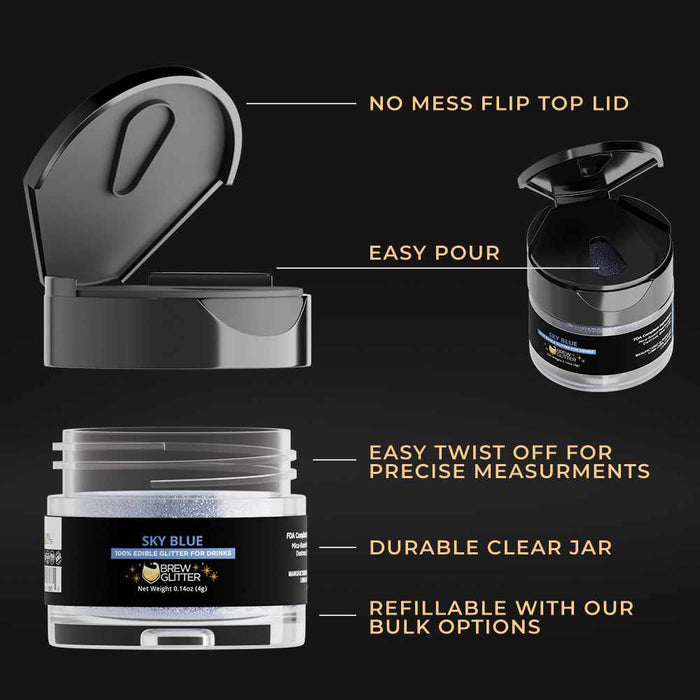Sky blue edible Brew Glitter in a 4g clear jar with a no-mess flip-top lid and easy-pour design.