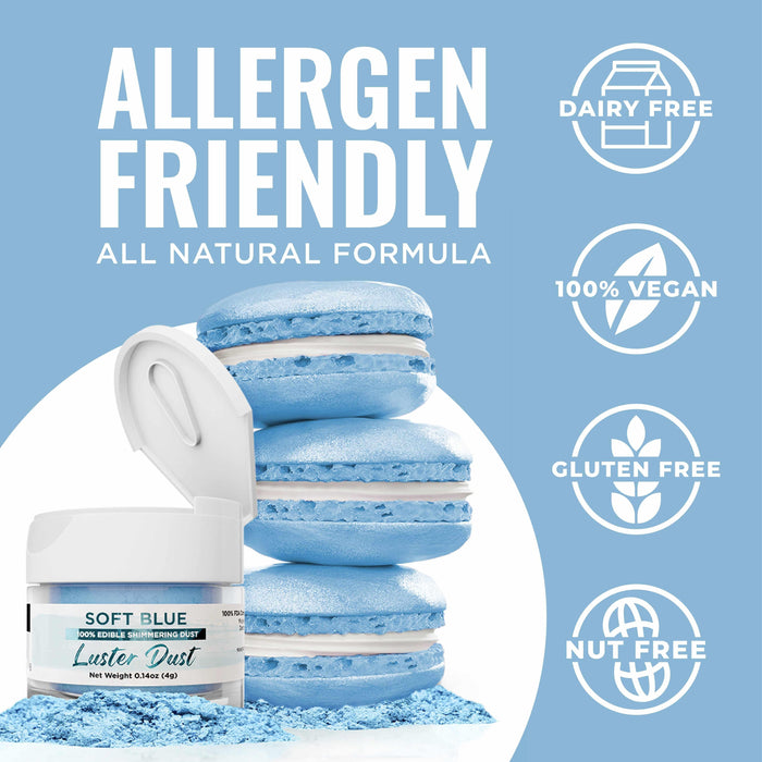 Soft blue luster dust in an open jar next to a pile of dust and three blue macarons.