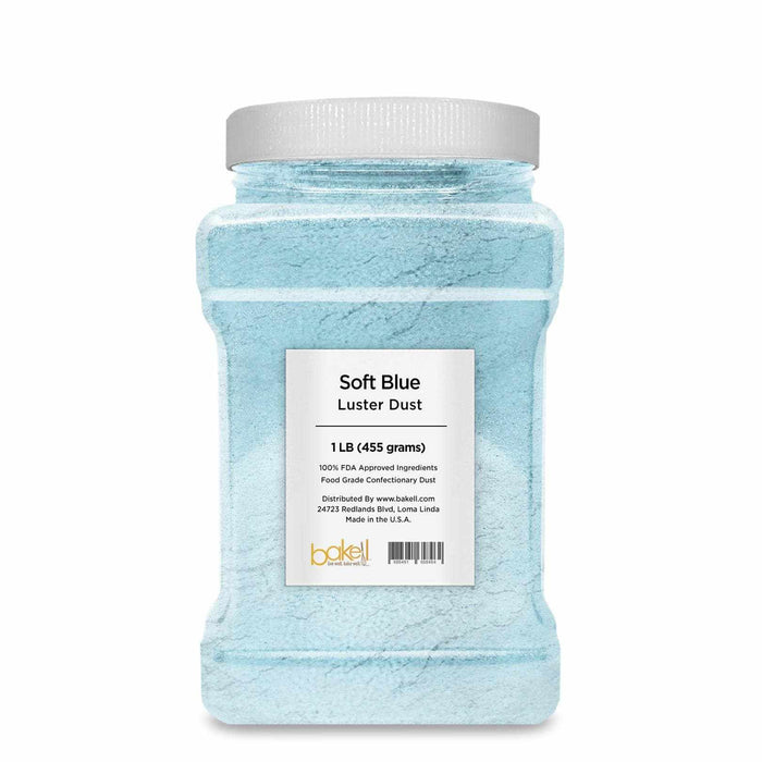 1 LB clear jar of soft blue luster dust with a white lid and product label.