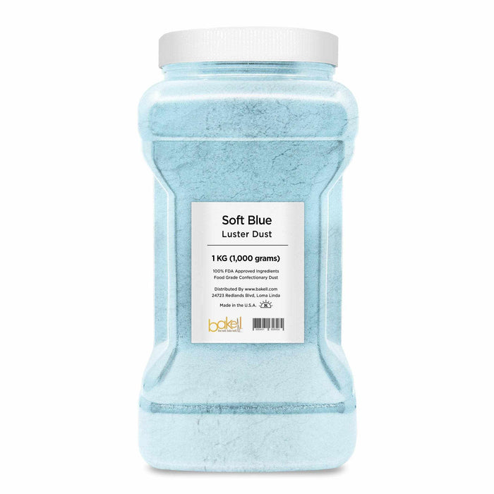 Large 1kg clear jar of Soft Blue Luster Dust with a white lid and product label.