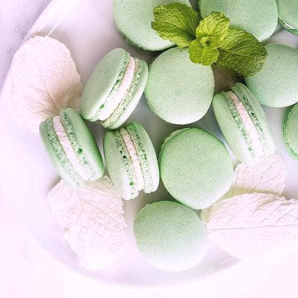 Soft green macarons with white filling, garnished with fresh mint leaves and white sugar leaves.