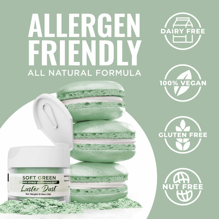 Soft green edible luster dust in a jar next to three macarons, with allergen-friendly icons.