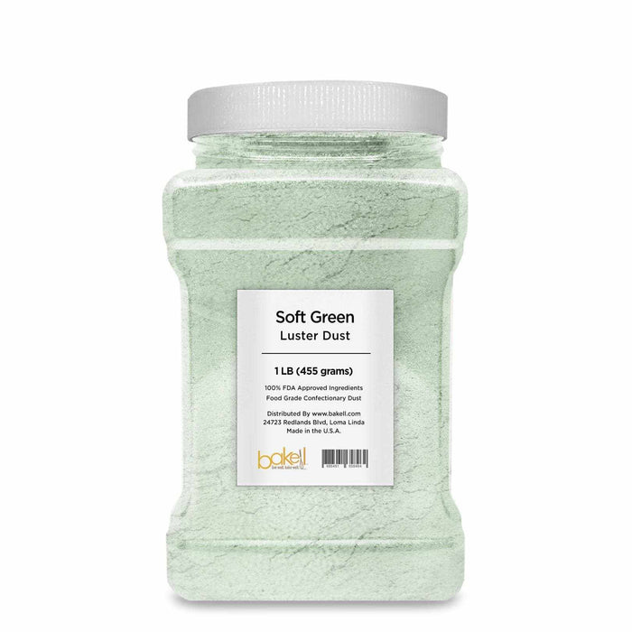 1 LB container of Soft Green Luster Dust, a pearlized, FDA-approved edible powder.