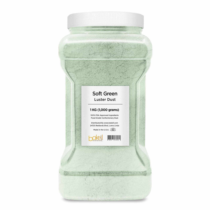 1KG bulk container of soft green luster dust with a white lid and product label.