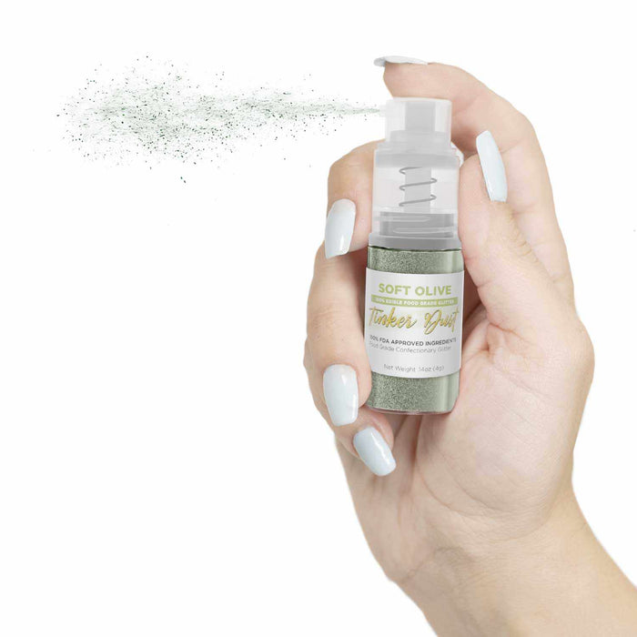 Soft Olive Green Edible Glitter Spray 4g Pump | Tinker Dust® | Bakell