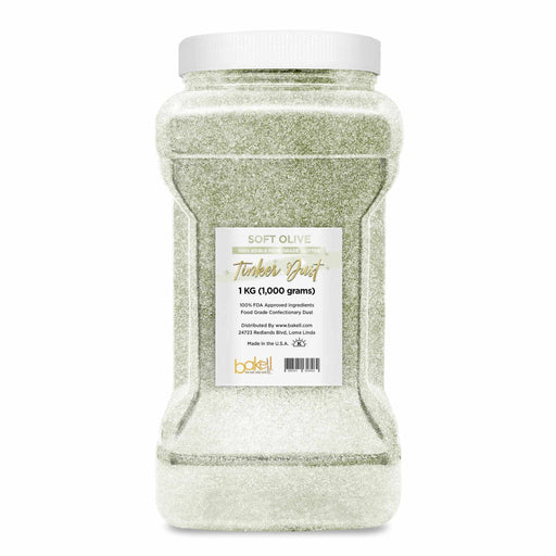 1kg bulk jar of soft olive green Tinker Dust edible glitter with white lid.