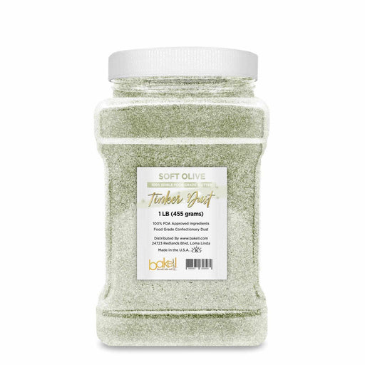 1 LB bulk jar of soft olive green Tinker Dust edible glitter with white cap.