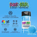 Sweet & Sour Candy Toppers blue raspberry shaker bottle and a round blue candy topper.