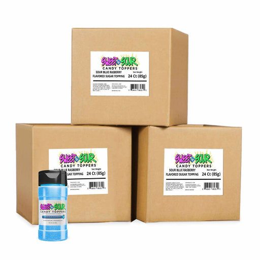 Bulk Sour Blue Raspberry Candy Toppers | 85g Container Amidst 3 Brown Shipping Boxes